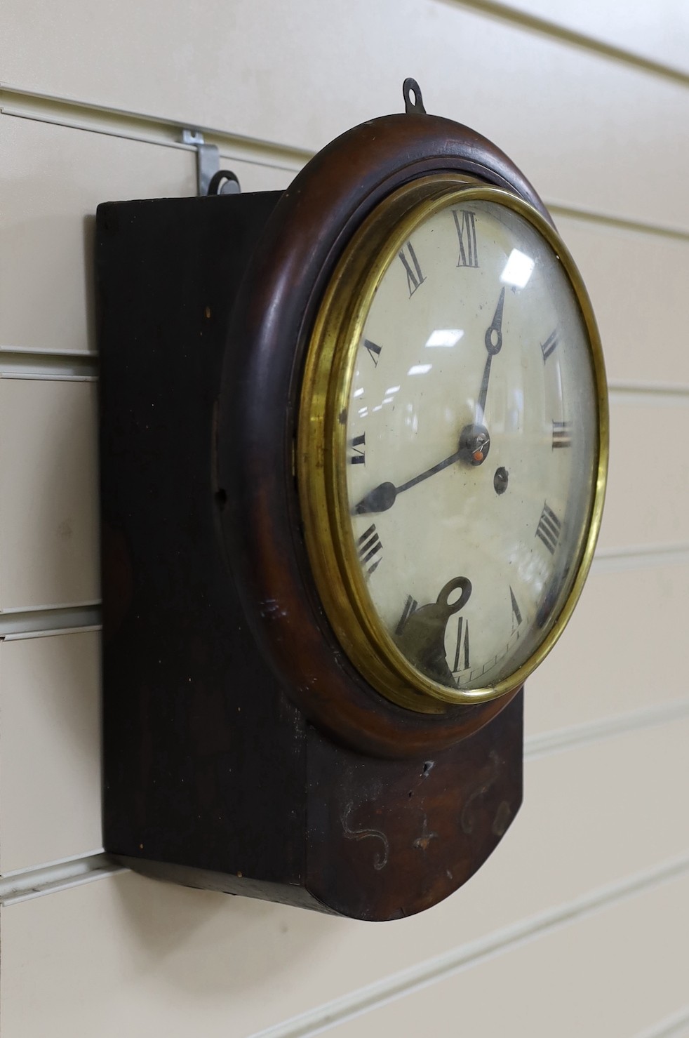 A small Victorian mahogany fusee wall clock, with key, height 29cm